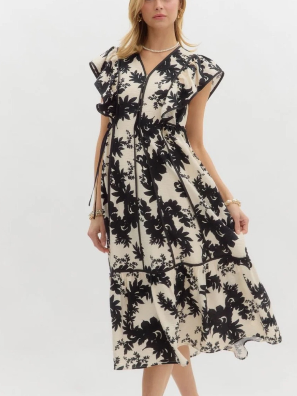 Entro Black Botanical Floral Midi Dress Sz XL NWT Flutter Boho Cottage Resort